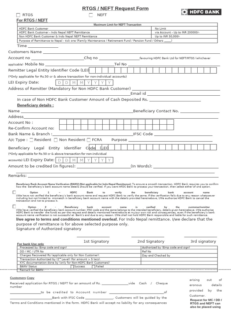 RTGS - NEFT Request Retail Form - CDR | PDF | Money | Personal Finance