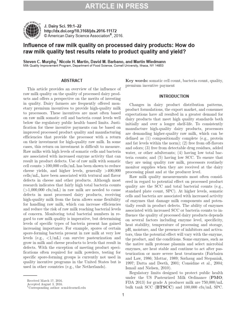 Impact of Raw Milk Quality on Dairy Products | PDF | Milk | Cheese