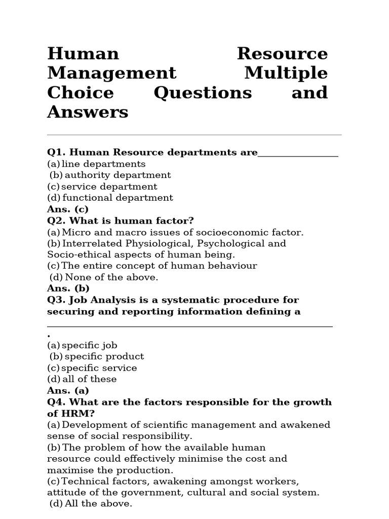 HRM Multiple Choice Questions & Answers | PDF | Performance Appraisal ...