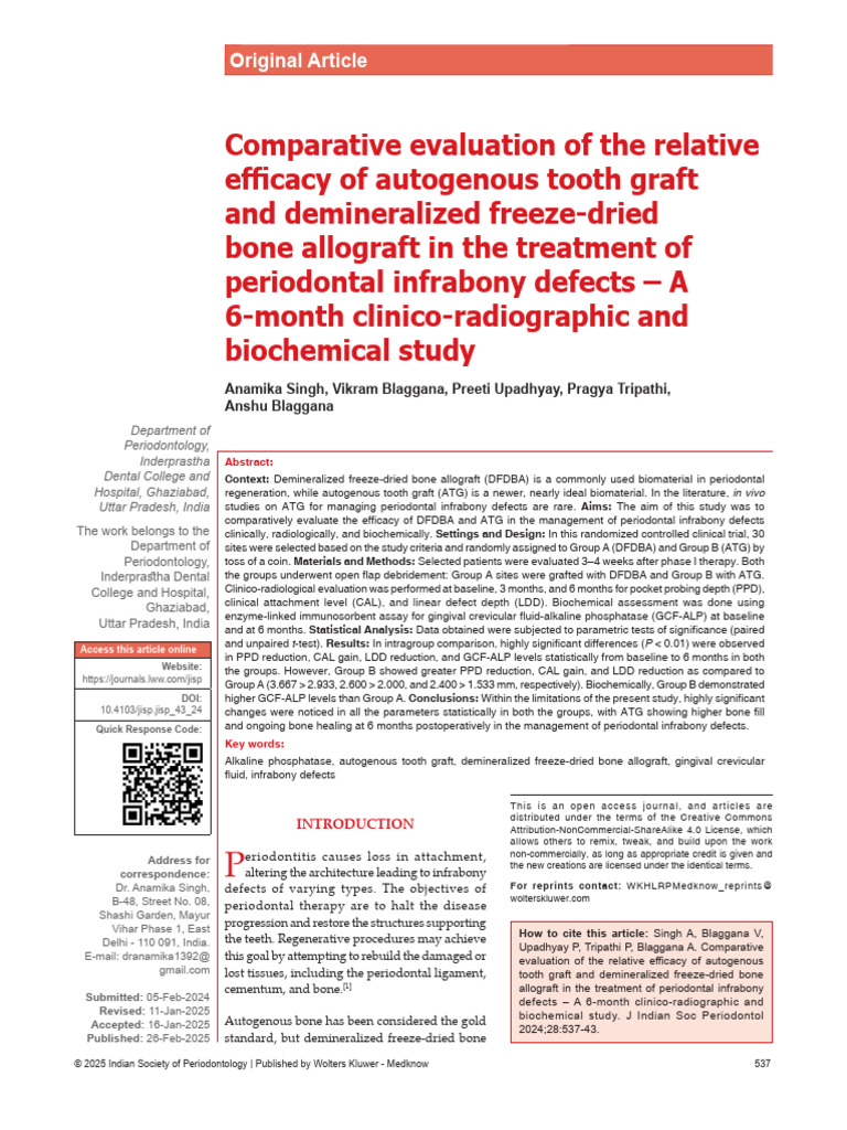 Efficacy of Tooth Graft vs. DFDBA in Periodontics | PDF | Periodontology