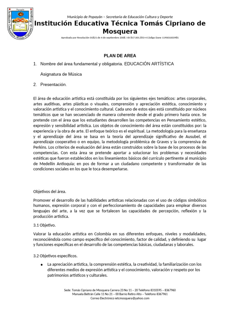 Plan de Area Artistica Musica 2020 | PDF | Educación en artes visuales ...
