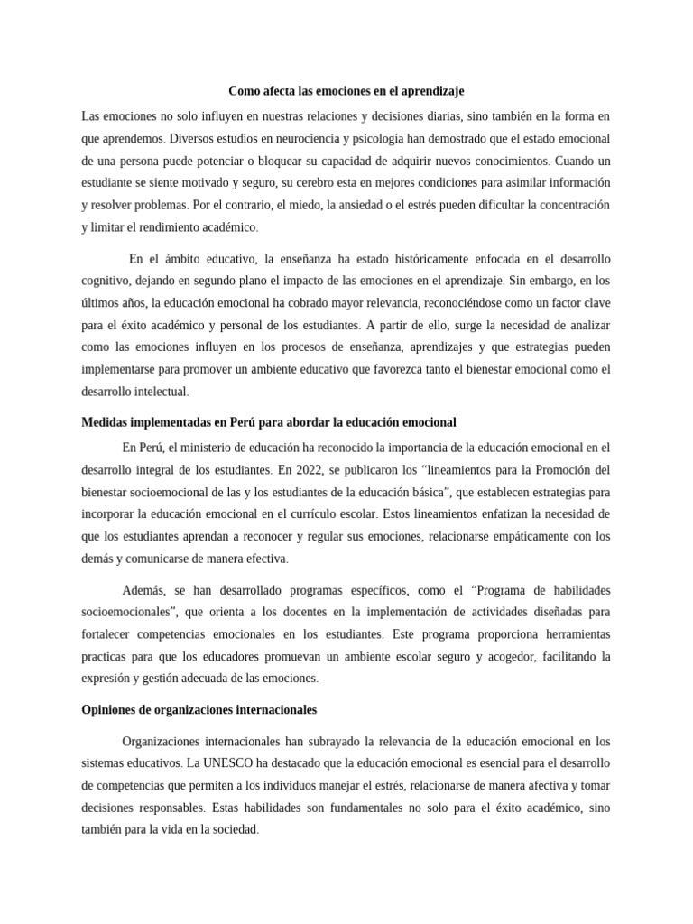 Emociones y su impacto en el aprendizaje | PDF | Las emociones ...