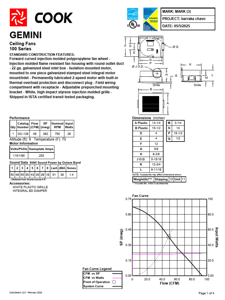 Gemini Ceiling Fan GC-128 Specs | PDF