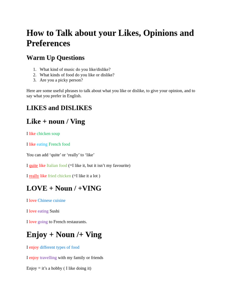 How To Talk About Your Likes | PDF | French Cuisine | Grammar