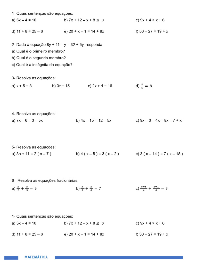 Atividades de Equações do 1º Grau | PDF | Equações | Objetos matemáticos