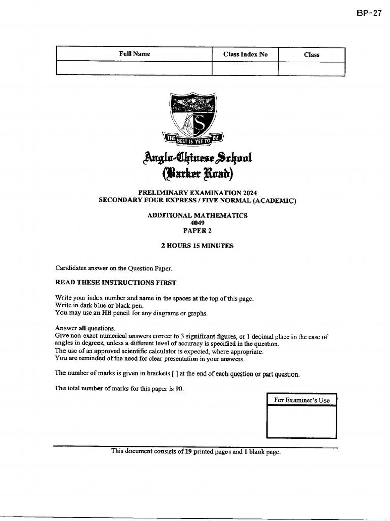 Sec 4 Additional Mathematics 2 2024 SA2 - ACS | PDF