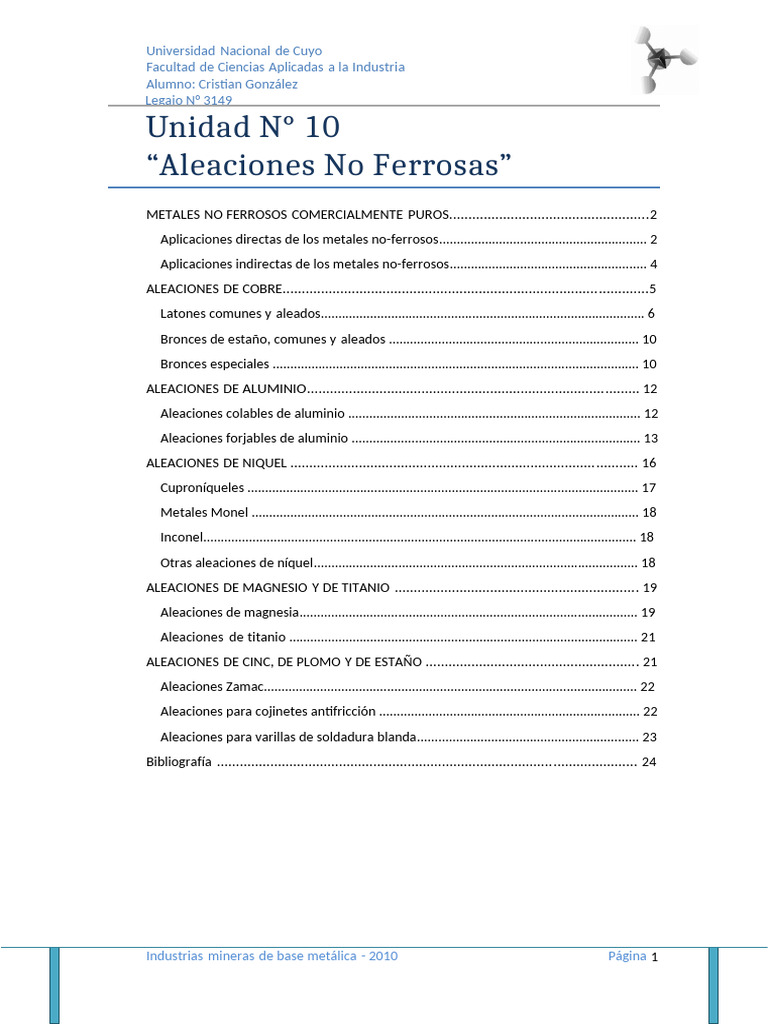 Unidad 10 Aleaciones No Ferrosas | PDF | Aleación | Cobre