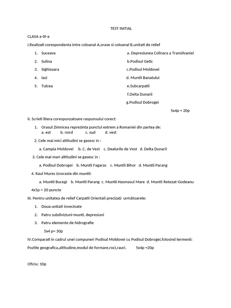 TEST INITIAL Clasa 9 A Si Barem | PDF