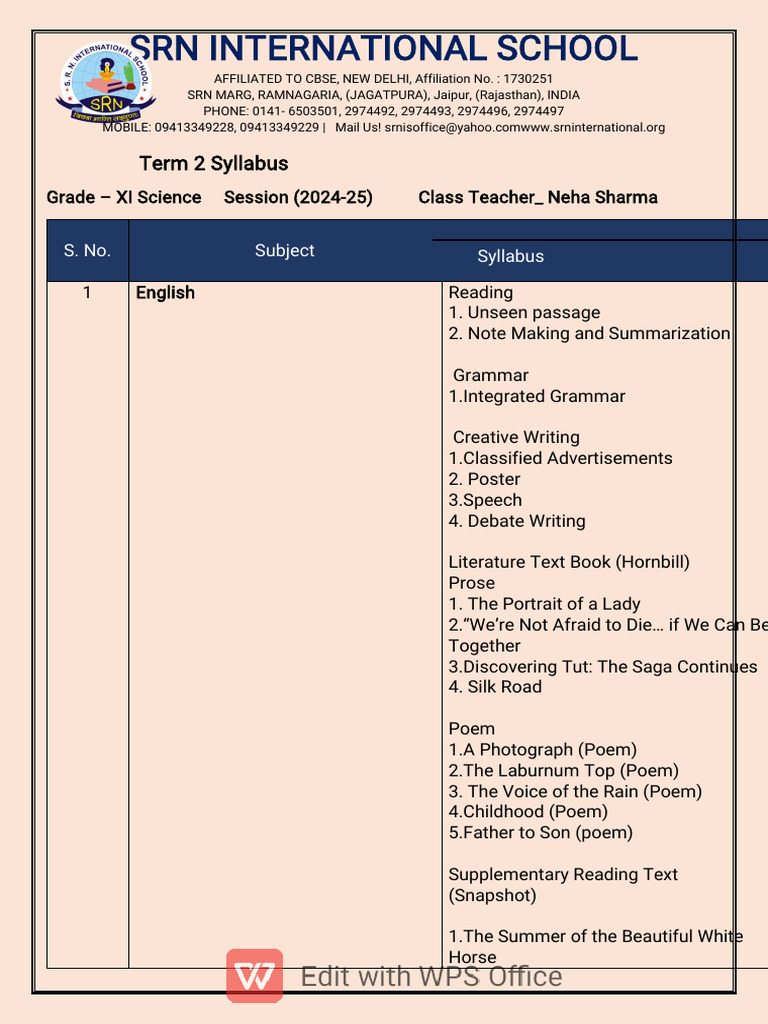 Grade XI Science Term 2 Syllabus | PDF | Geography | Chemistry