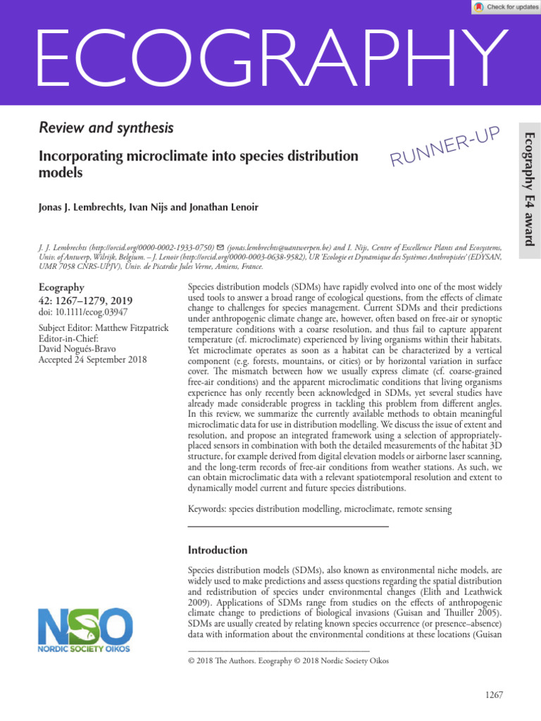 Ecography - 2018 - Lembrechts - Incorporating Microclimate Into Species ...