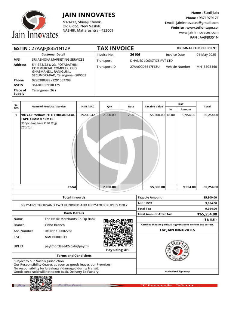 Invoice for Sri Ashoka Marketing Services | PDF | Taxes | Payments