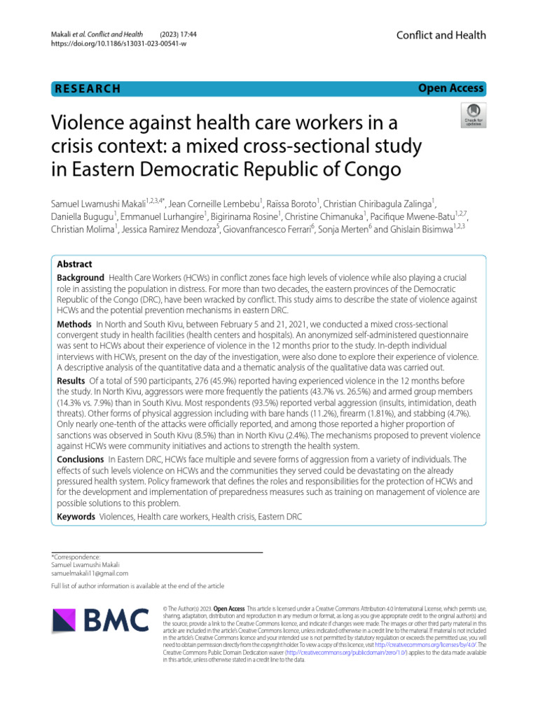 Violence Against Health Care Workers in A Crisis Context: A Mixed Cross ...