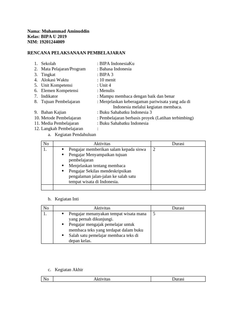 Muhammad Aminuddin_009_RPP BIPA lv3 Unit 4 | PDF