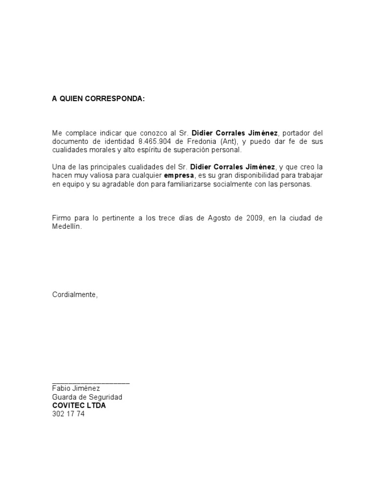 Carta de Recomendacion Laboral