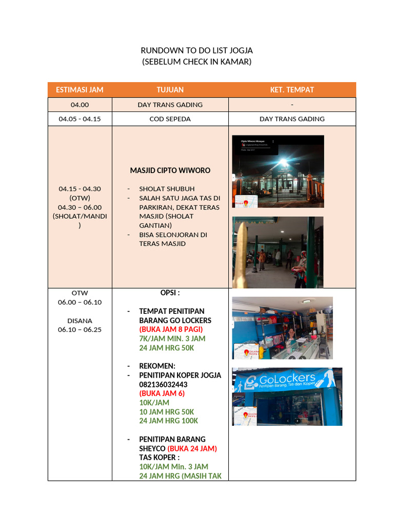 Rundown To Do List Jogja Sebelum Check in | PDF