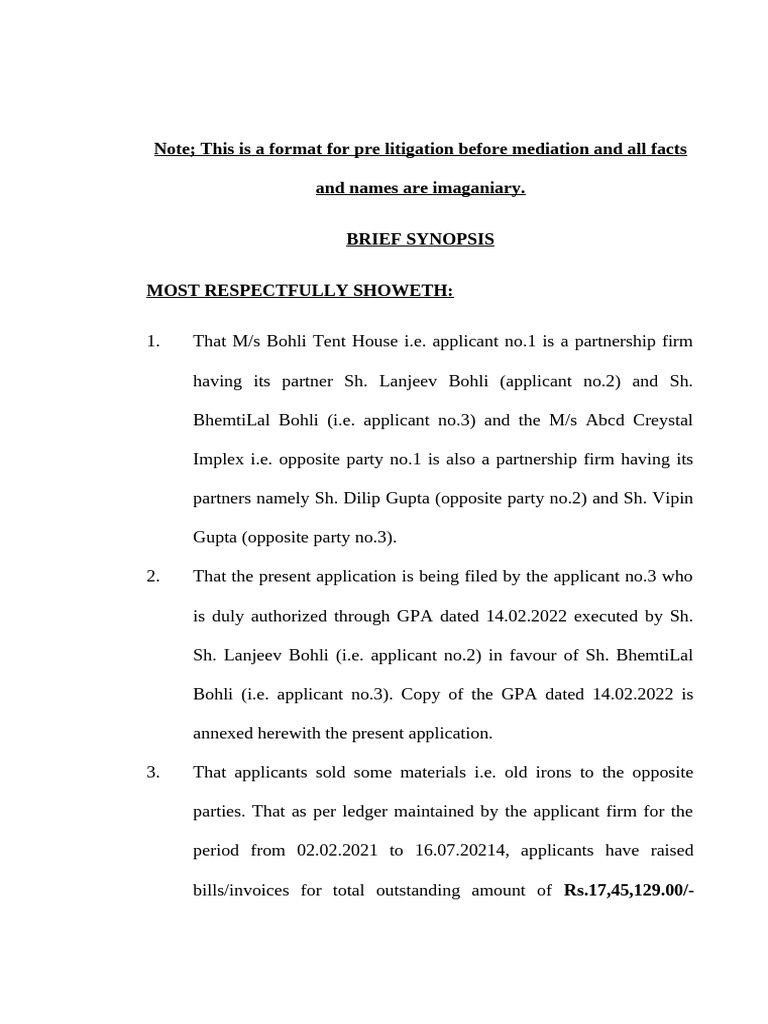 Pre-Litigation Mediation Application Format | PDF | Affidavit