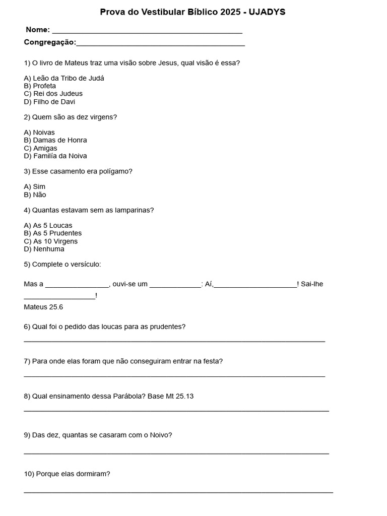 Prova do Vestibular Bíblico 2025 | PDF