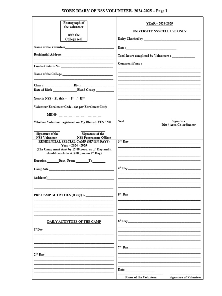 NSS Volunteer Work Diary 2024-2025 | PDF