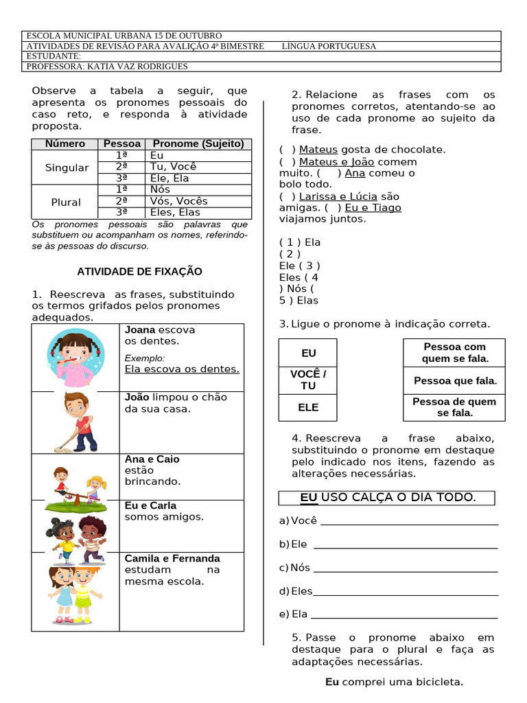Atividades de Pronomes Pessoais 3º Ano | PDF | Pronome | Assunto ...