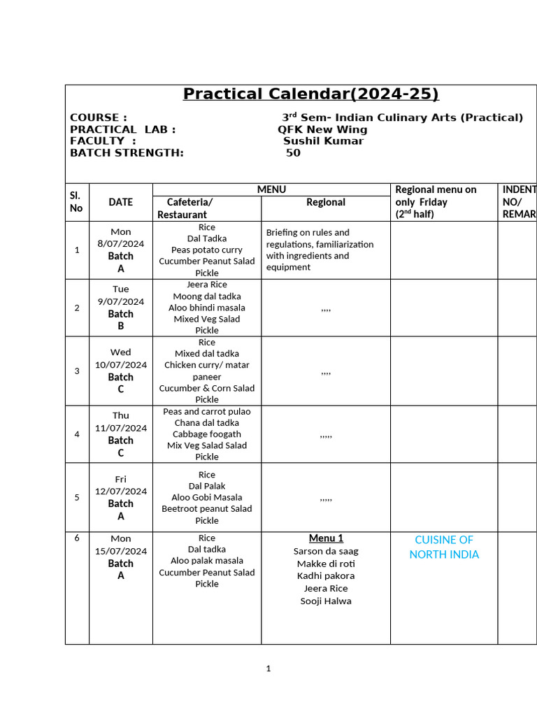 2024-25 Indian Culinary Arts Calendar | PDF | Pickling | Curry