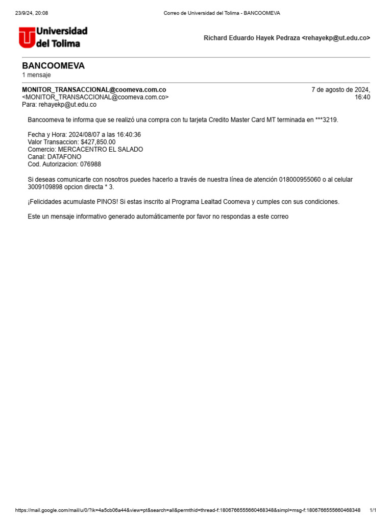 Notificación de compra Bancoomeva | PDF