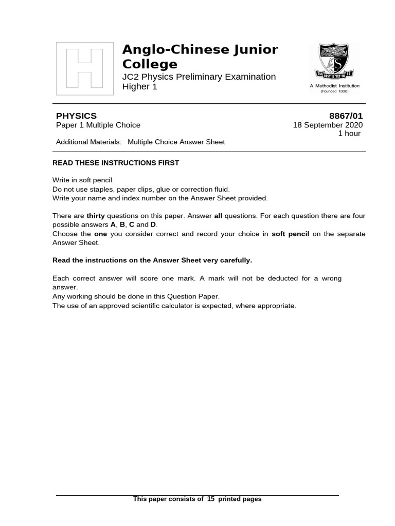 JC2 Physics Prelim Exam Paper 1 | PDF | Momentum | Force