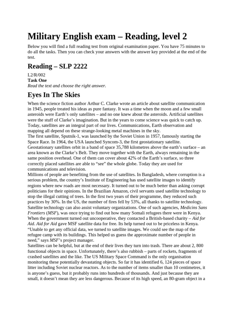 Military English Exam: Level 2 Reading Test | PDF | Satellite | Outer Space