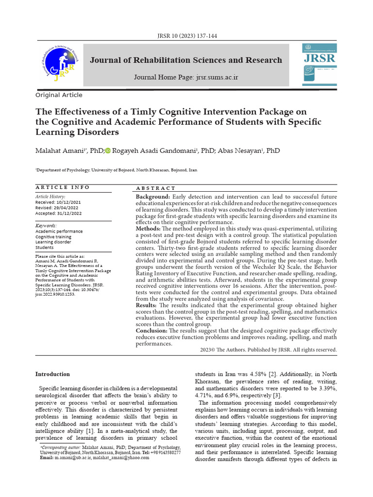 Cognitive Interventions for Learning Disorders | PDF | Wechsler Adult ...
