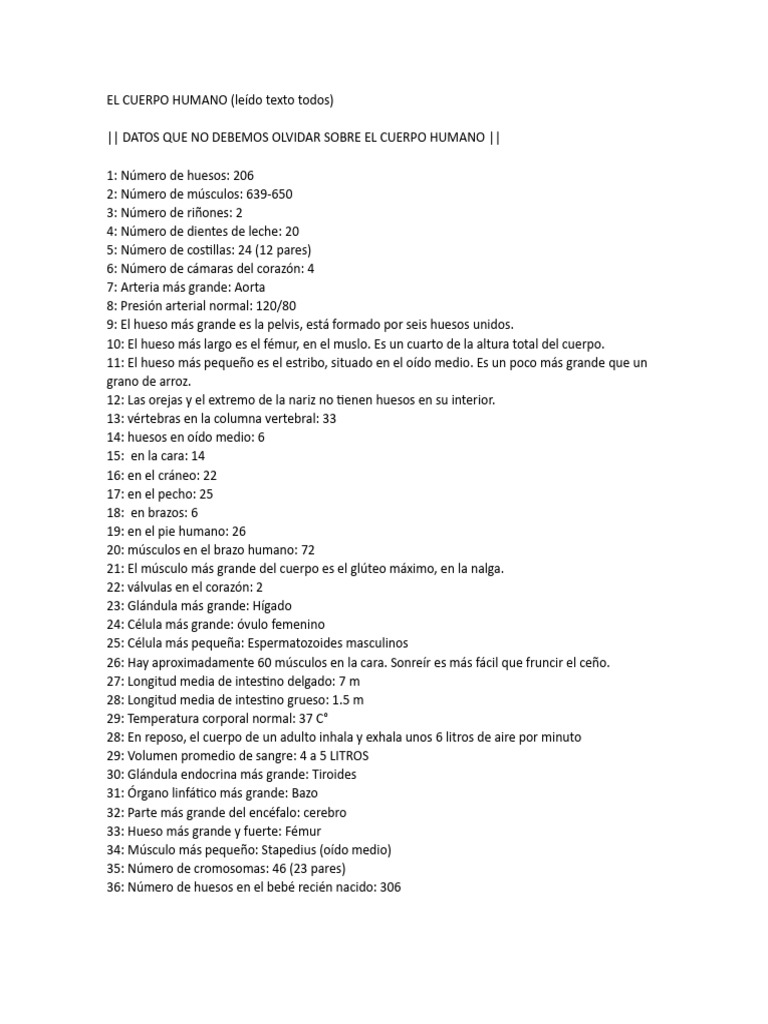 Datos Esenciales del Cuerpo Humano | PDF | Sangre | Leucocito