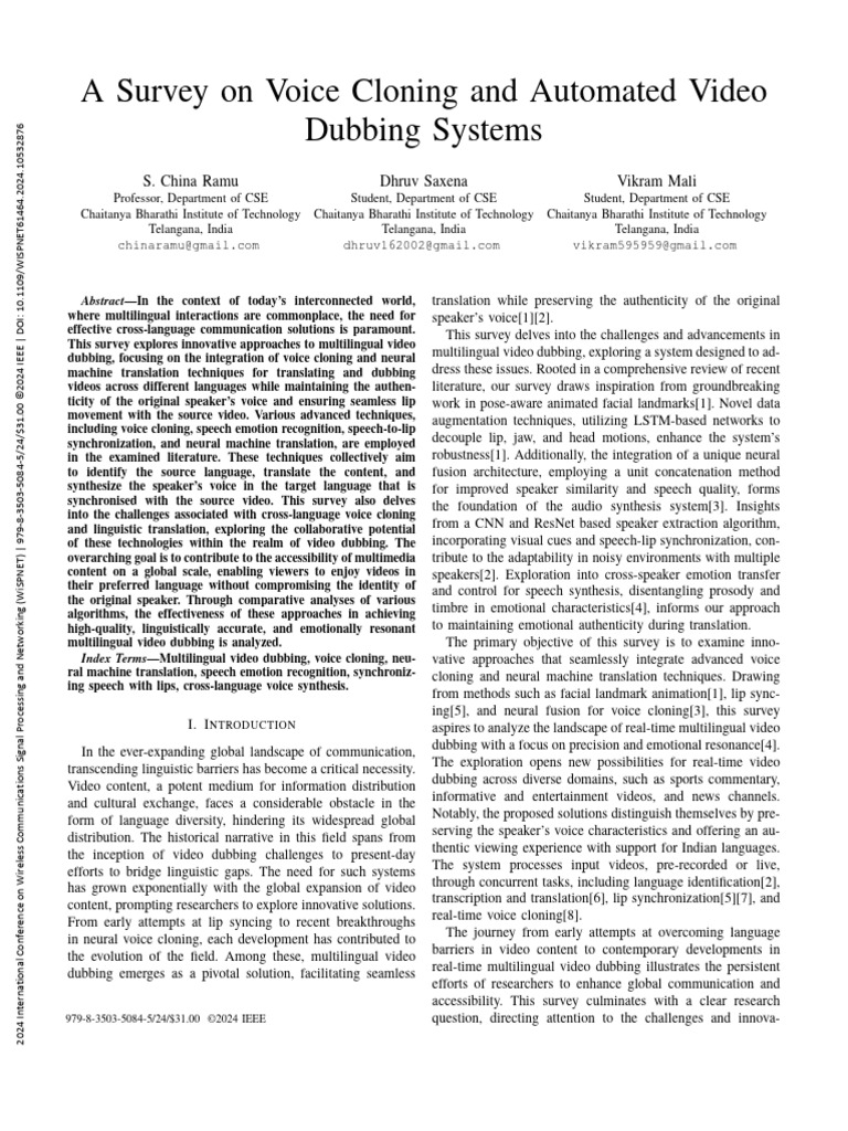 Voice Cloning in Multilingual Dubbing | PDF | Speech Synthesis | Cognition