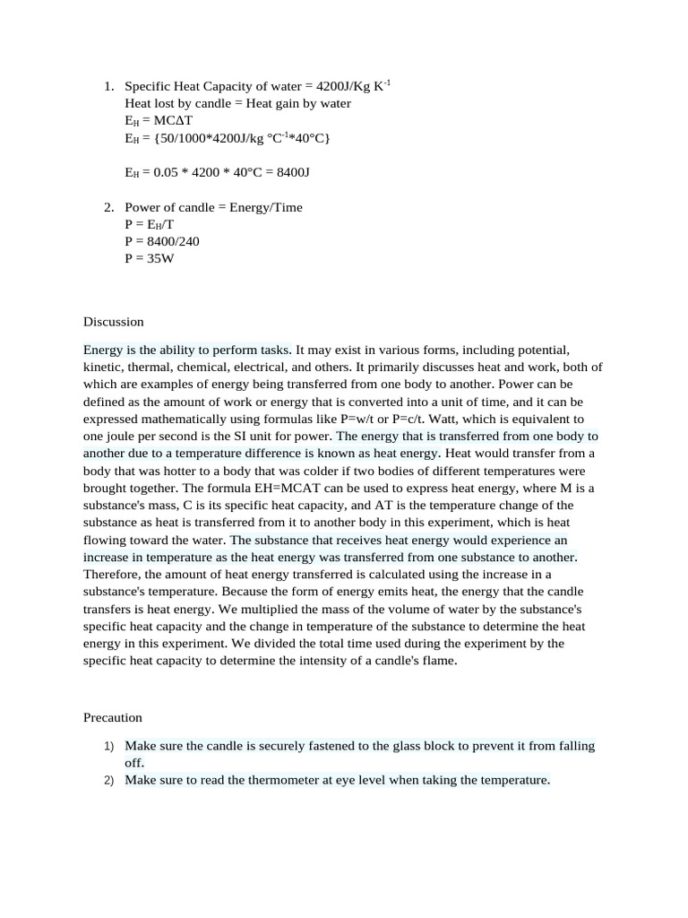 Specific Heat Capacity of Water | PDF