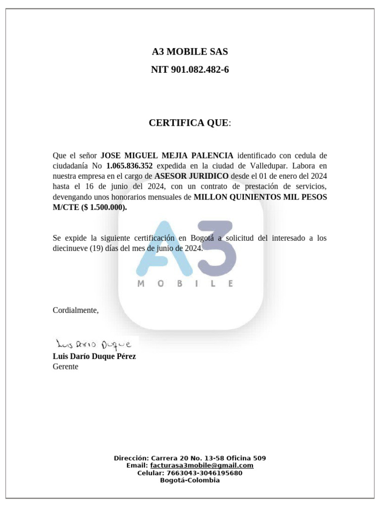 Carta Laboral para Visa - A3 Mobile SAS | PDF