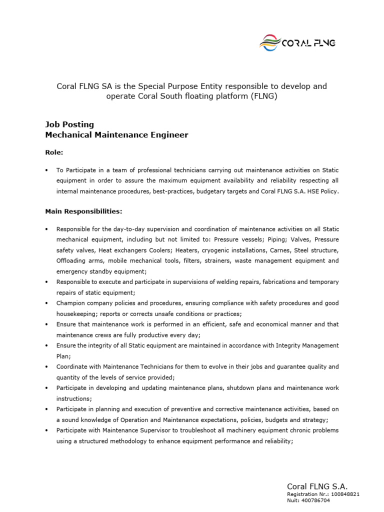 Mechanical Maintenance Engineer Job at Coral FLNG | PDF | Mechanical ...