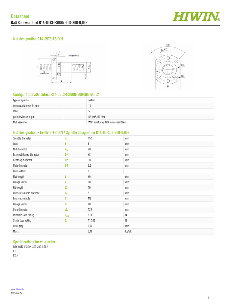 Hiwin R16-05T3-FSIDIN Ball Screw Datasheet | PDF