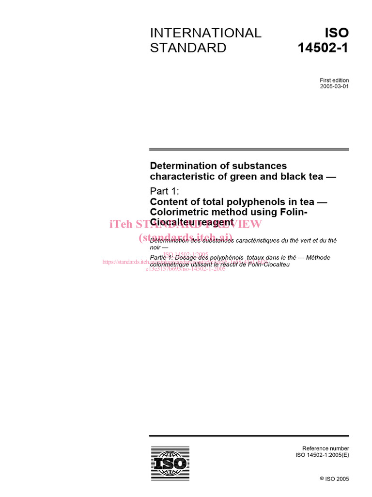 Total Polyphenols in Tea: ISO Method | PDF | International Organization ...