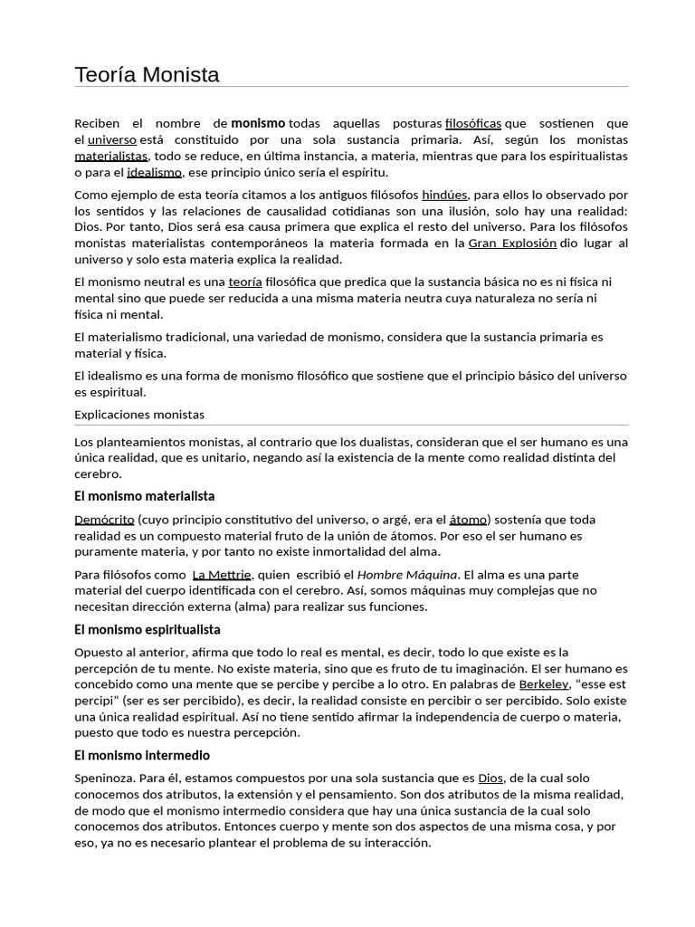 Teorías Filosóficas: Monismo y Dualismo | PDF | Monismo | Metafísica