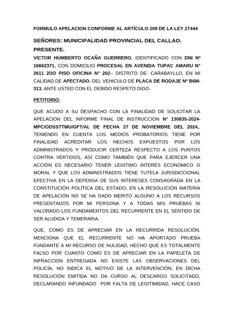Apelación Informe Final Ley 27444 | PDF | Apelación | Gobierno