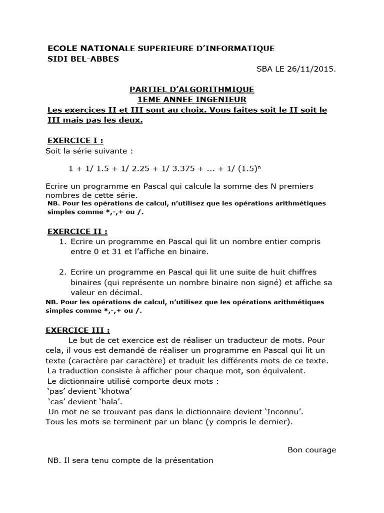 Partiel d'Algorithmique en Pascal | PDF
