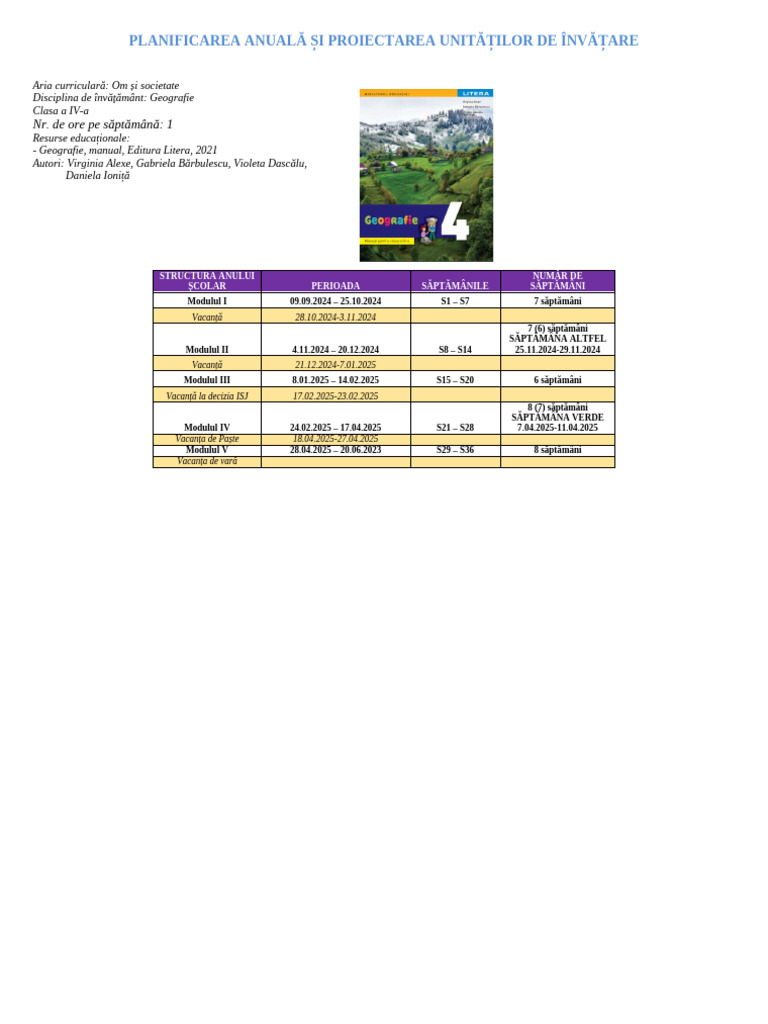 Planificare Geografie Cls 4 Litera | PDF