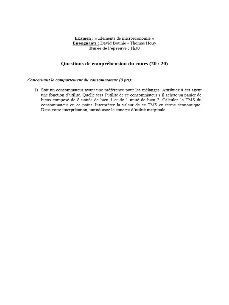Corrige Examen CC1 | PDF | Utilité (économie) | Fonction de production