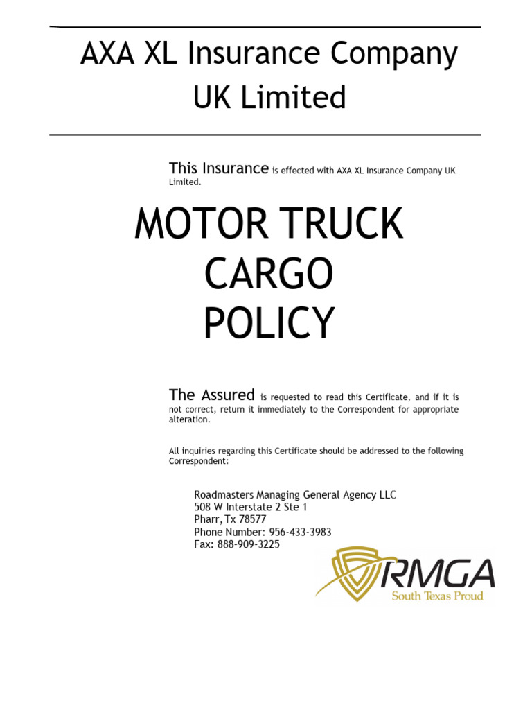 AXA XL Motor Truck Cargo Insurance | PDF | Insurance | Driving Under ...