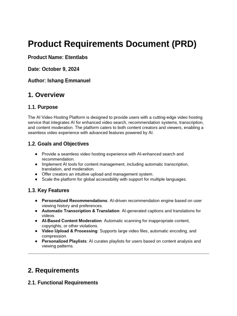Product Requirement Document For Etentlabs | PDF | Video | Artificial ...