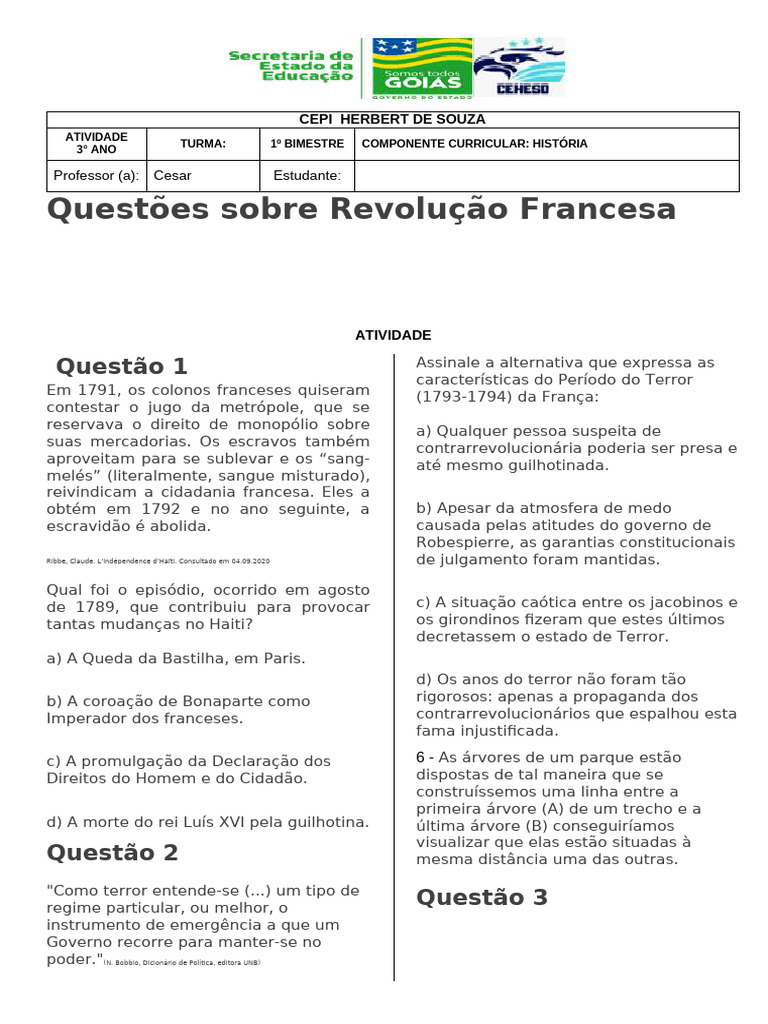Questões sobre a Revolução Francesa | PDF | Revolução Francesa | França