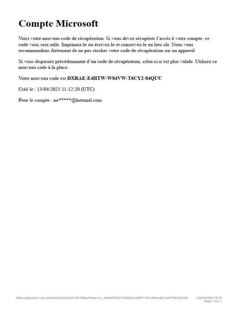 Nouveau code de récupération Microsoft | PDF