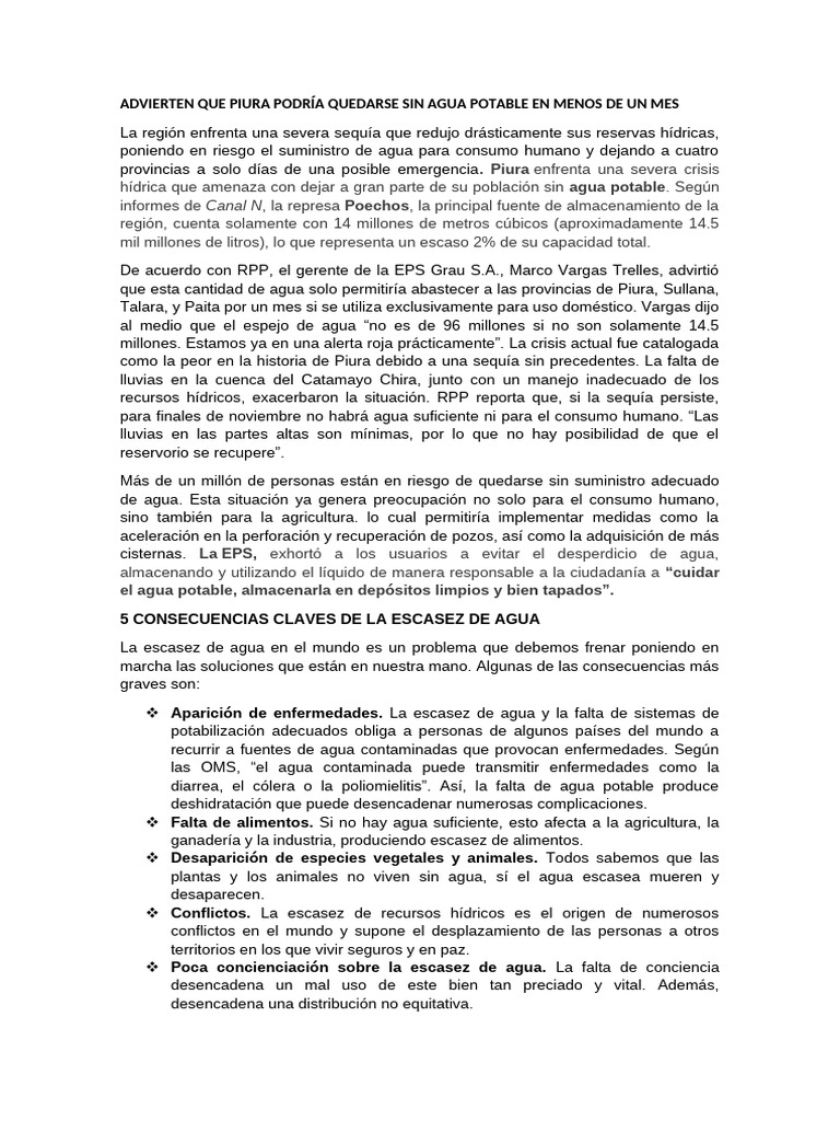 Advierten Que Piura Podría Quedarse Sin Agua Potable en Menos de Un Mes ...