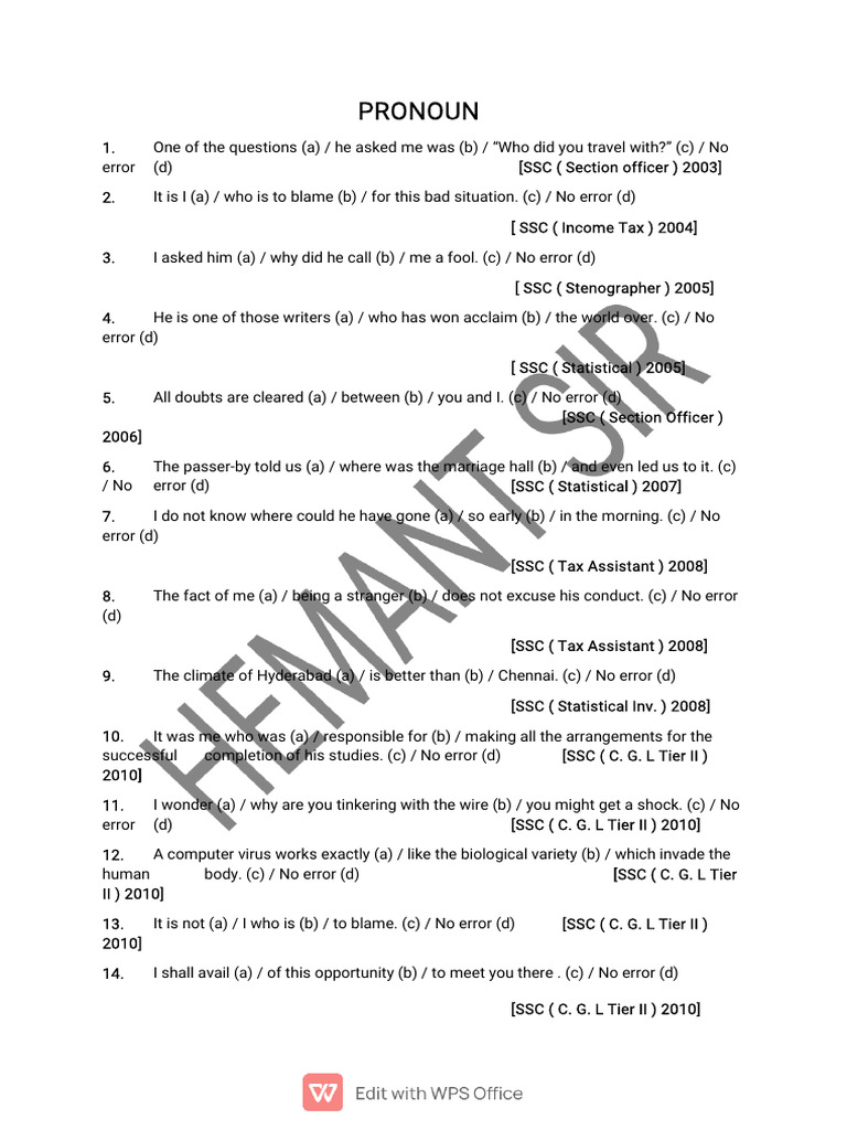 Common Pronoun Errors in SSC Exams | PDF