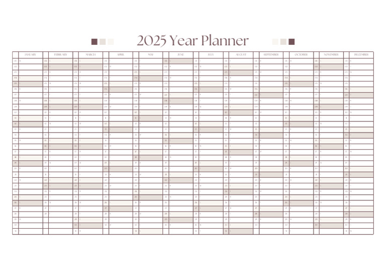 Beige and Brown Simple 2025 Year Planner Calendar - A4 (Landscape) | PDF