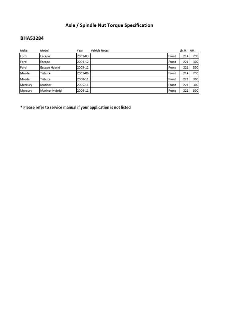 BHA53284 Torque Spec | PDF