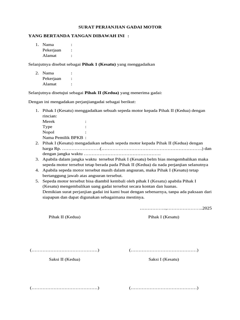Surat Perjanjian Gadai Motor Singkat | PDF
