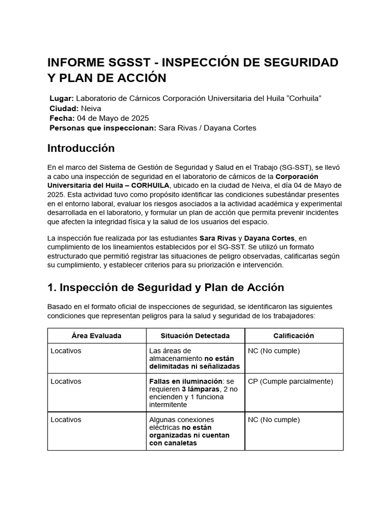 Informe SGSST - Inspección de Seguridad y Plan de Acción | PDF ...
